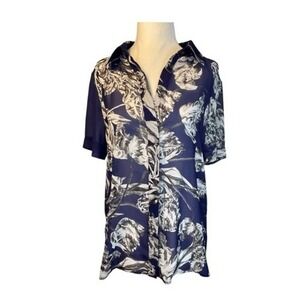 Derek Lam 10 Crosby Button Down Shirt Blue White Floral Sheer Short Sleeve S‎